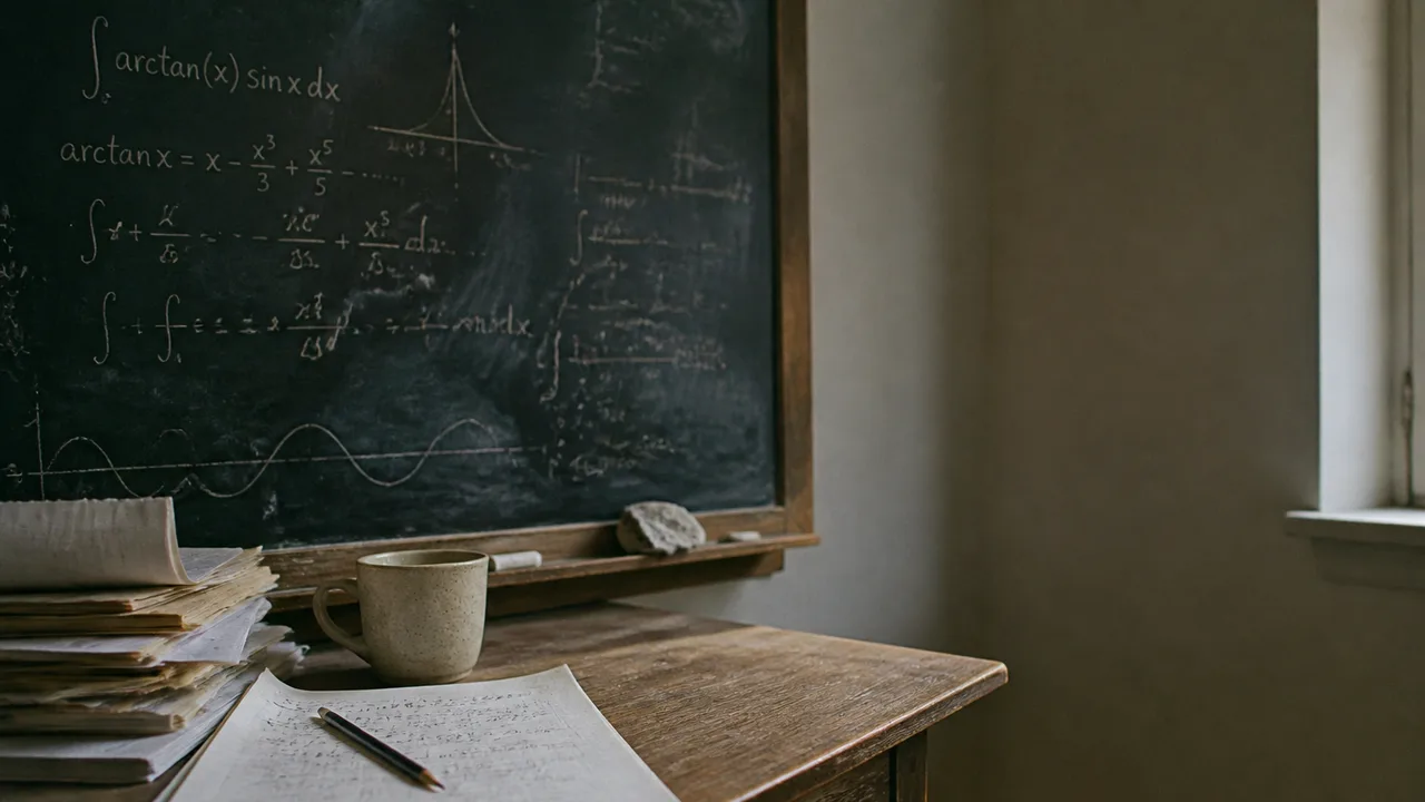 Man in maroon shirt pointing at a complex calculus integral equation on a dark background with a thought bubble asking "is…