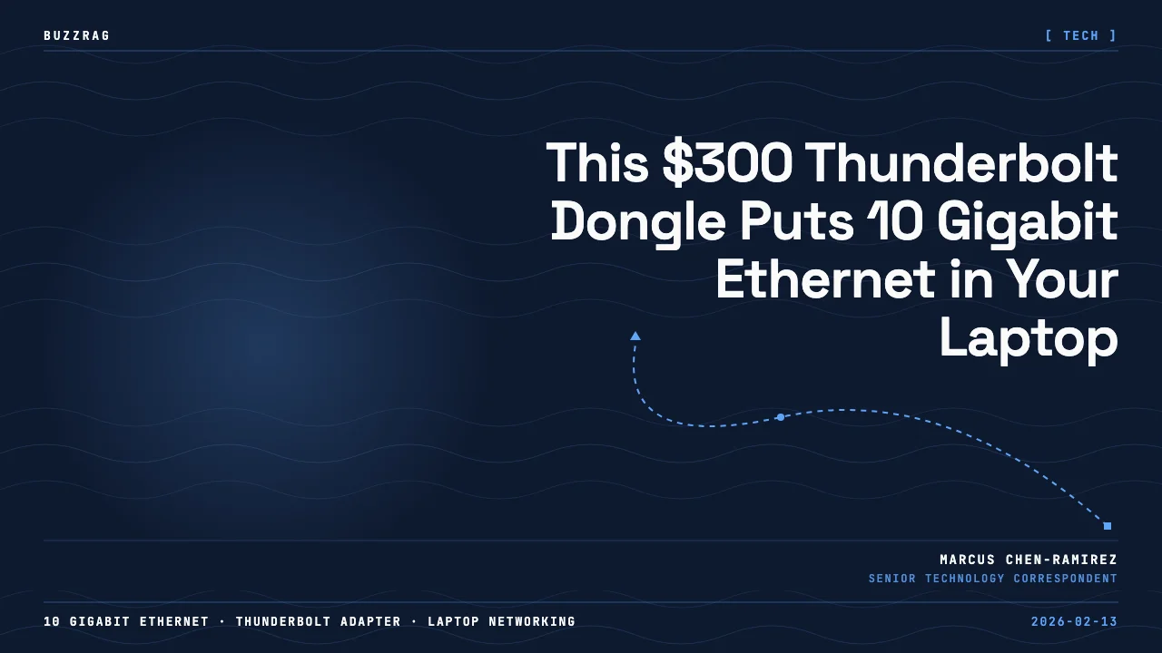 A compact black Sonnet networking device with SFP+ port displayed on an orange lightning bolt background with "THUNDERBOLT…