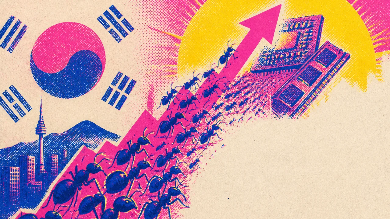 Businessman observing collapsing house of cards with downward arrow, illustrating market instability and economic risk