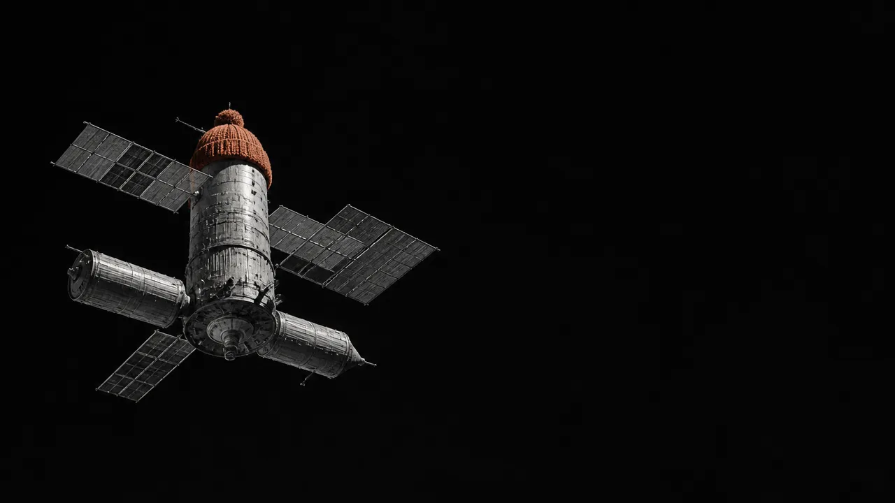 Young woman wearing glasses and space-themed shirt smiles at camera beside Earth and spacecraft in orbit, with "NOT THE…