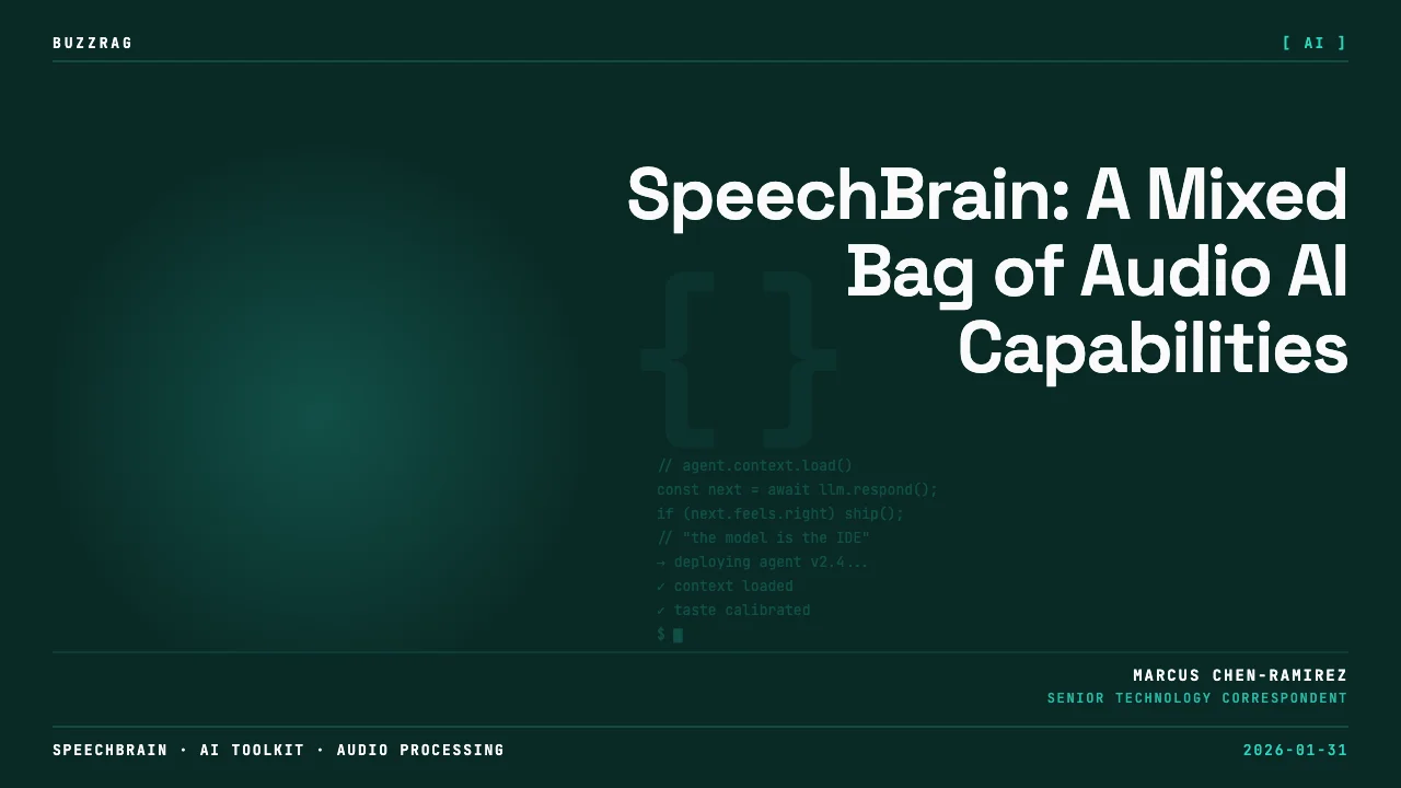 White text stating "ACTUALLY WORKS (MOSTLY)" with a yellow arrow pointing to a brain icon displaying blue sound wave…