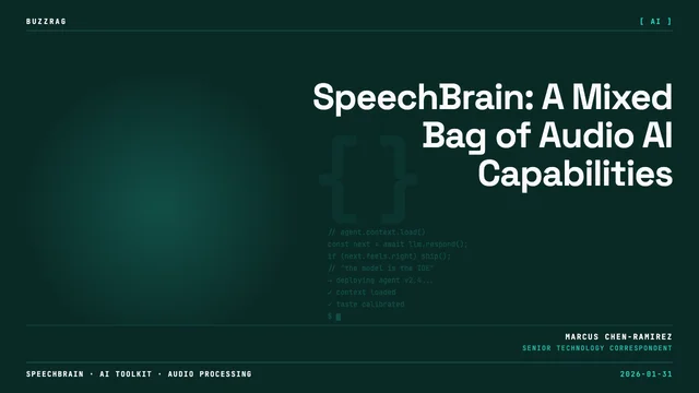 White text stating "ACTUALLY WORKS (MOSTLY)" with a yellow arrow pointing to a brain icon displaying blue sound wave…