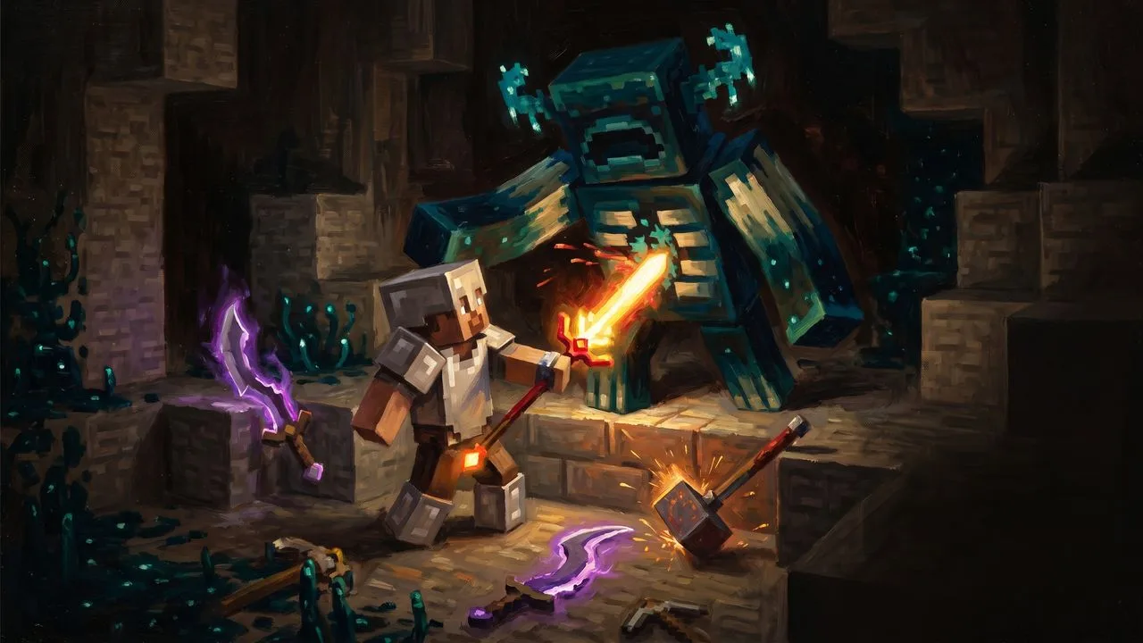 A Minecraft player character holds a pixelated Wither Blade weapon with a red arrow pointing to it against a green grass…