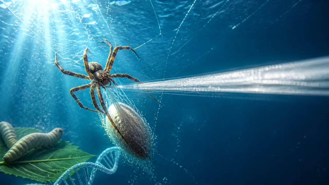 A hand holding delicate, glistening spider silk strands against a dark background with "Spider silk" text overlay