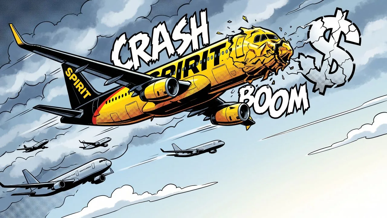 Row of bright yellow Spirit Airlines aircraft tails parked at airport with "Business Insider" watermark