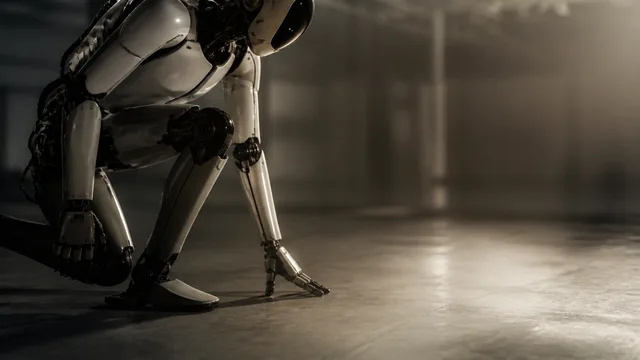 Man and child interact with a humanoid robot on an urban rooftop with "THEY THINK AND MOVE" text overlay