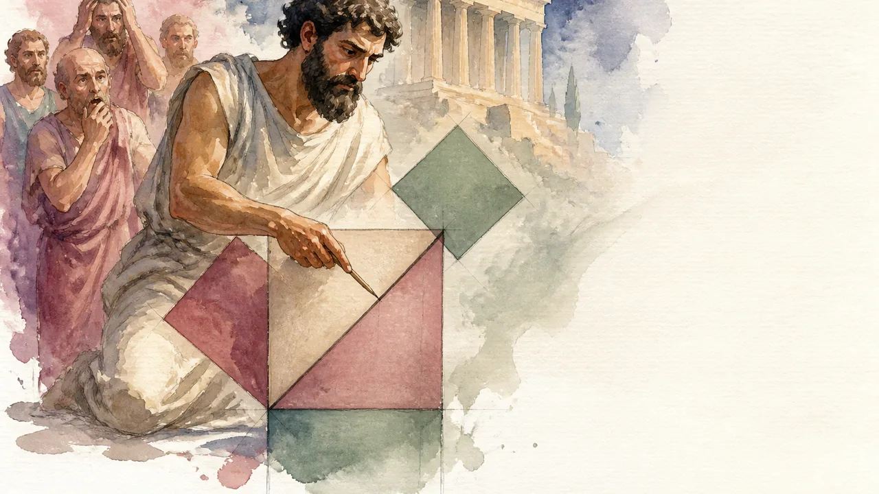 A contemplative man in ancient Greek robes sits beside a neon-outlined square displaying the square root of 2, set against…