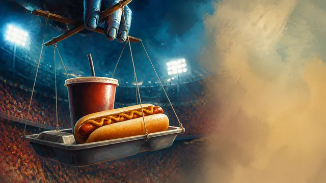 A tray of freshly grilled hot dogs with "SO EXPENSIVE" text overlay, illustrating stadium food pricing
