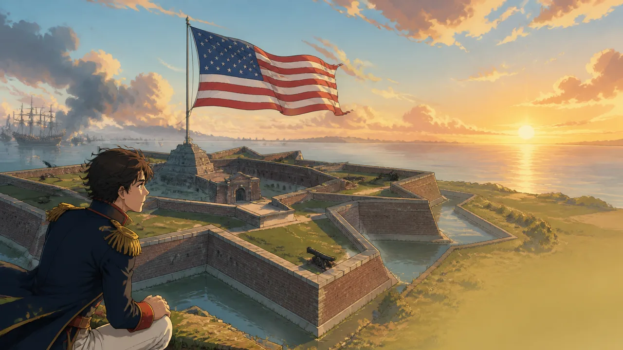 Aerial view of a star-shaped fortification with brick walls, green earthworks, cypress trees, and American flag at center