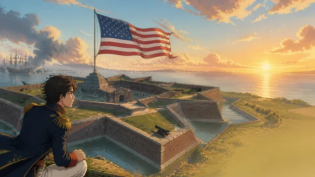 Aerial view of a star-shaped fortification with brick walls, green earthworks, cypress trees, and American flag at center