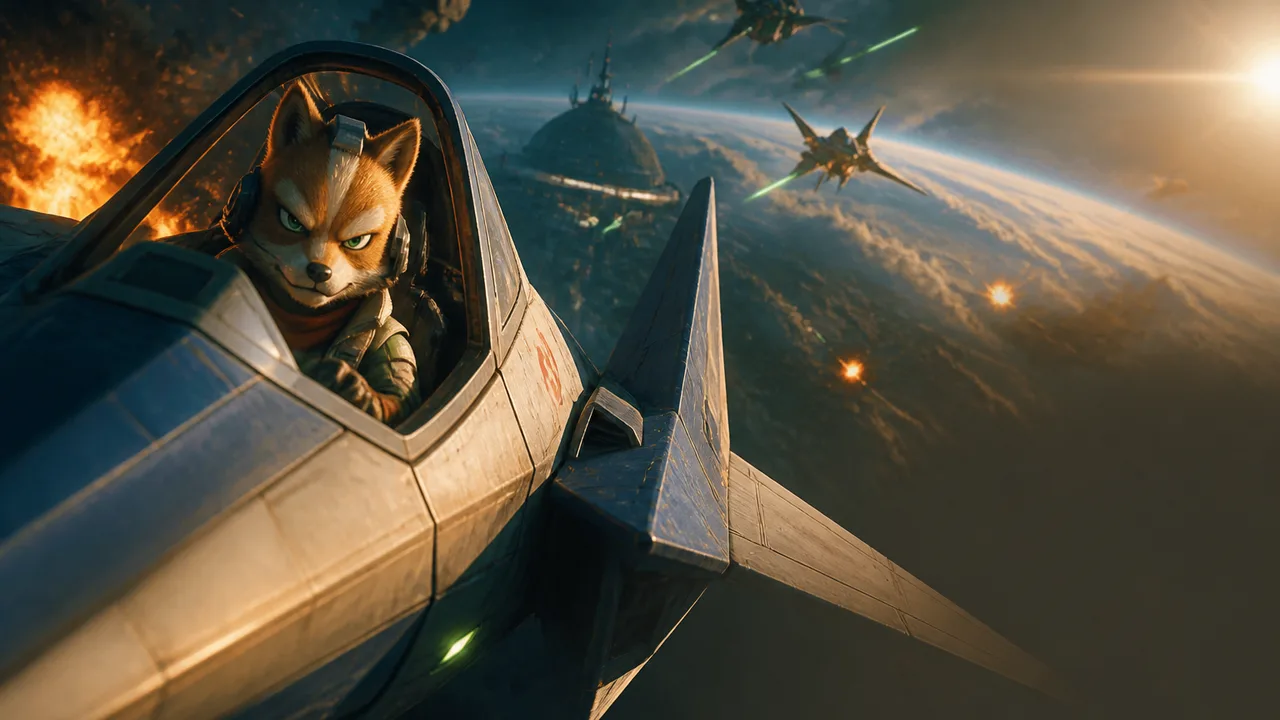 Star Fox logo and "REVIEW" text displayed next to a fox character in futuristic armor with glowing eyes against a sci-fi…
