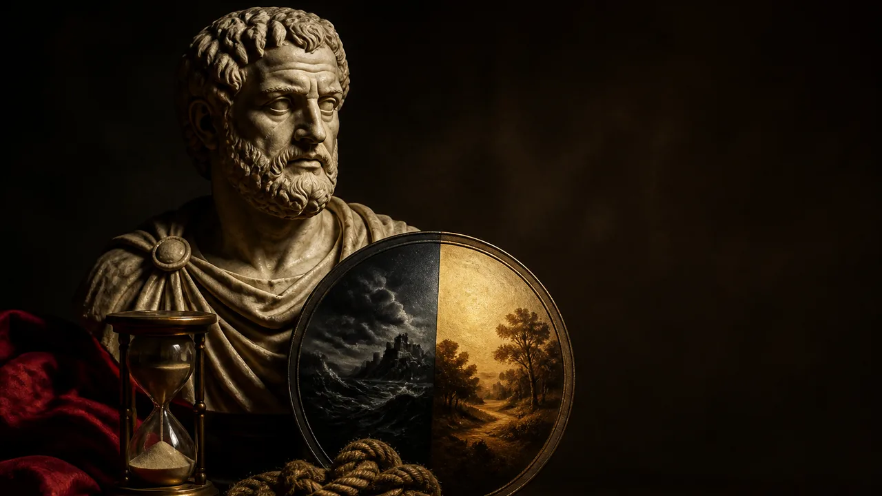 A man wearing glasses speaks next to a classical bust sculpture against a dark blue textured background, with text reading…