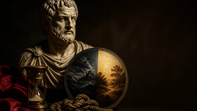 A man wearing glasses speaks next to a classical bust sculpture against a dark blue textured background, with text reading…