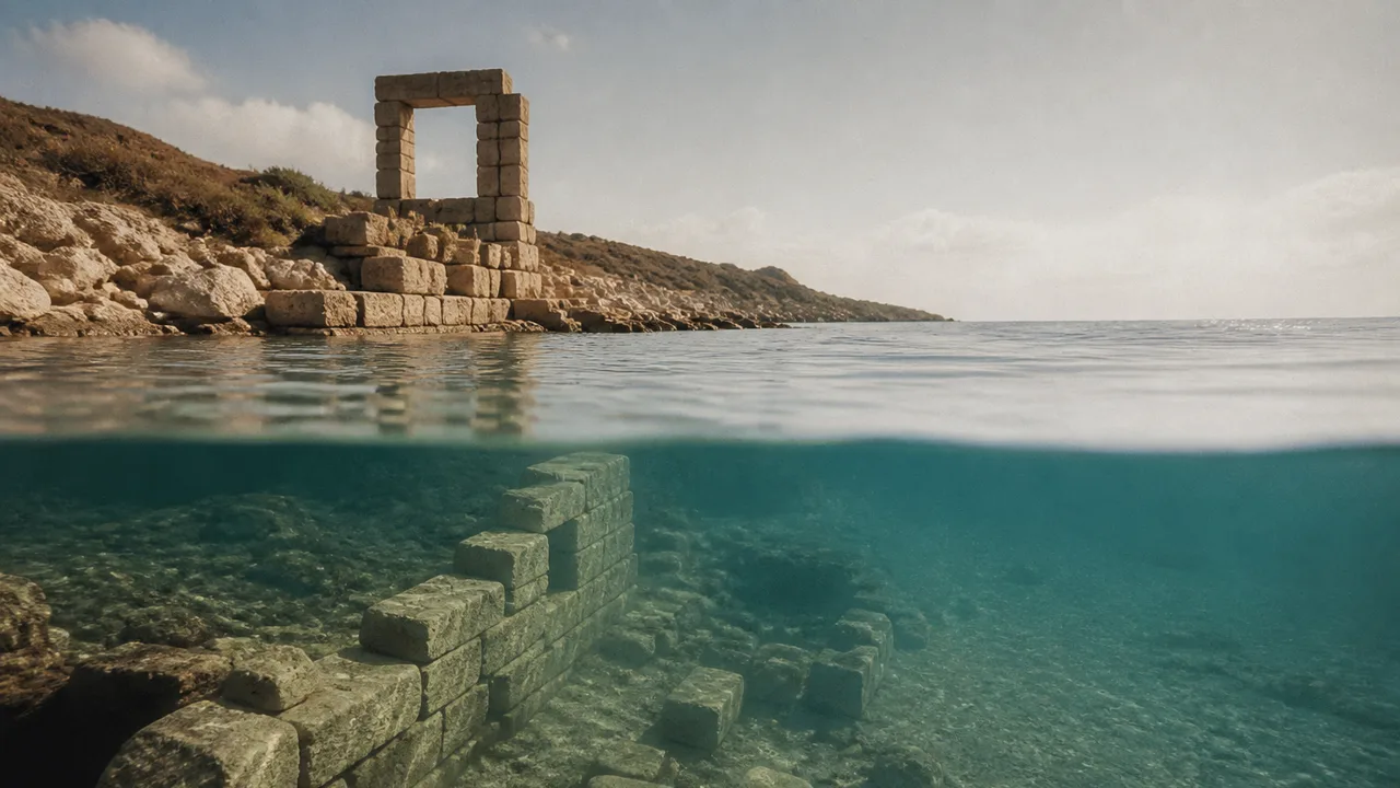 Ancient stone statues overlook a rocky Mediterranean coastline with white buildings on cliffs and text asking about…