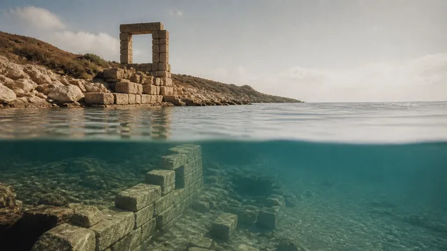 Ancient stone statues overlook a rocky Mediterranean coastline with white buildings on cliffs and text asking about…