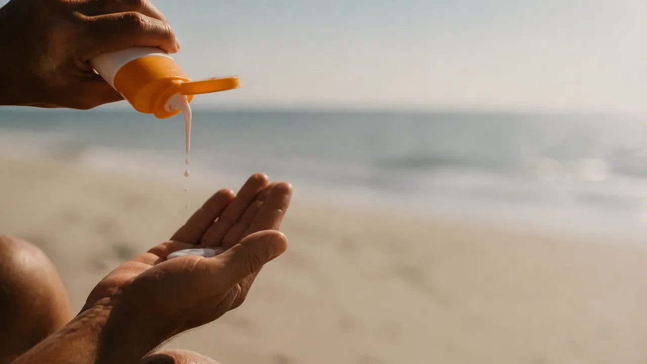 Smiling woman in sunhat and glasses at beach holding sunscreen bottle with text "AND 5 OTHER MYTHS