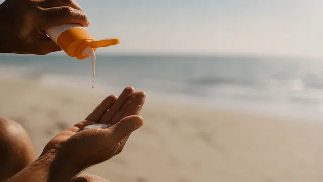 Smiling woman in sunhat and glasses at beach holding sunscreen bottle with text "AND 5 OTHER MYTHS