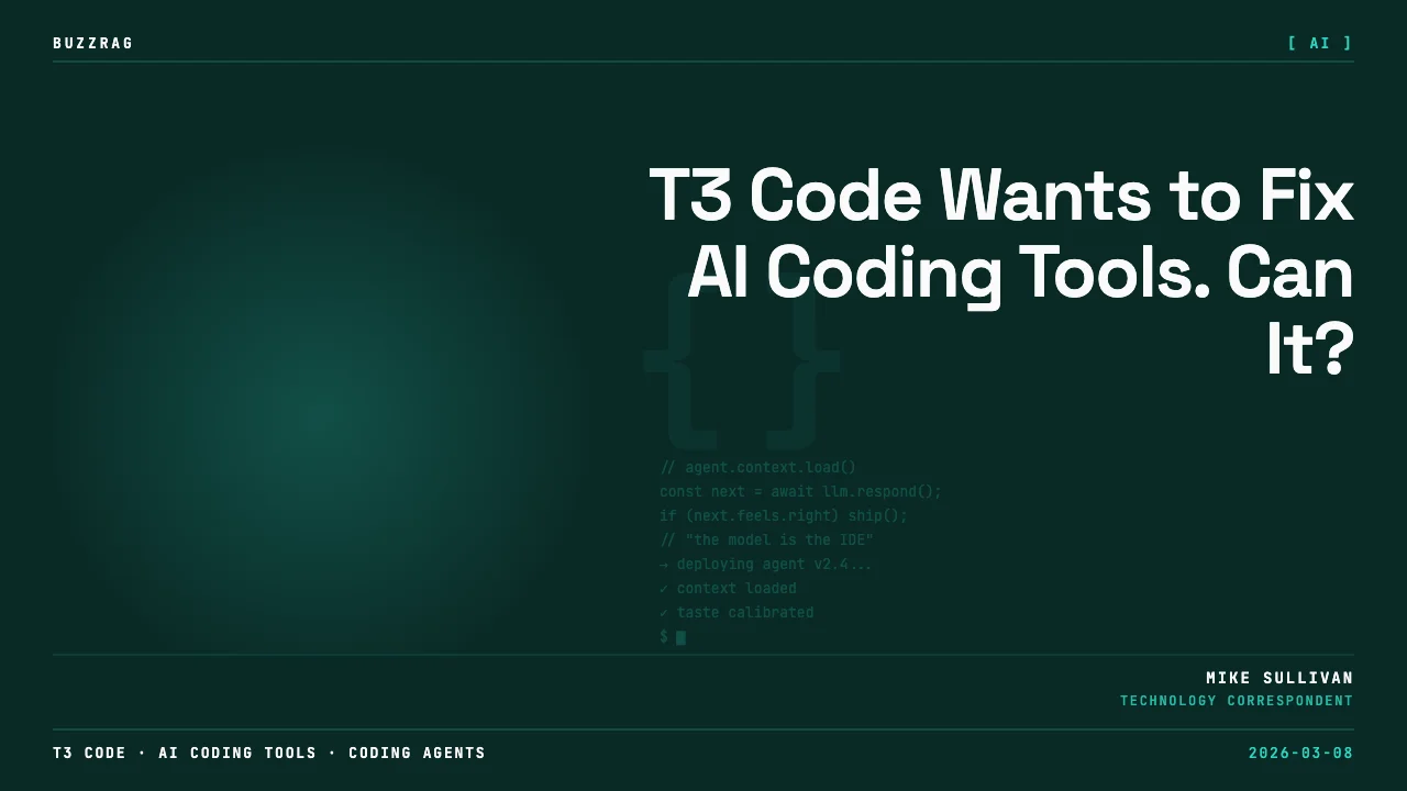 A person with an inquisitive expression appears below the T3 Code logo with a red arrow and "is it good?" text, displayed…