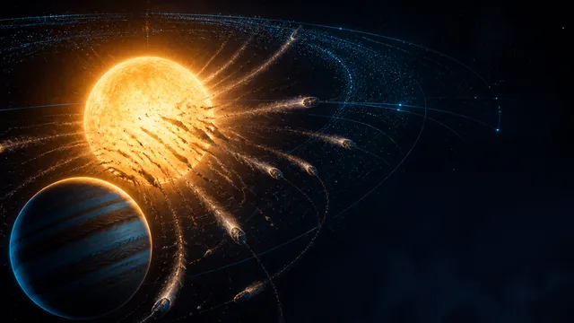 A glowing star surrounded by green luminescent material and space debris, with a white arrow pointing to a hidden object…