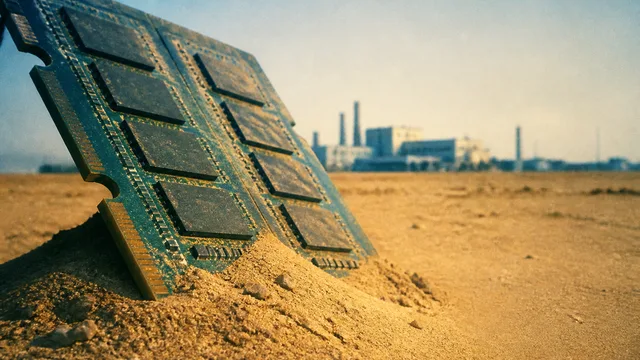 Architectural model of industrial facility with "NANUA" signage and "Asianometry" branding on green banner text about…