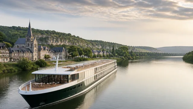 A scenic split-image showing Monet's Japanese garden bridge on the left and a river cruise ship on the right navigating a…