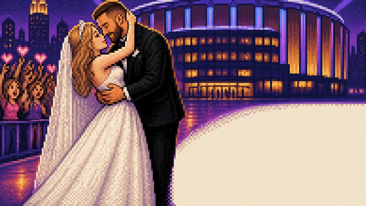 BBC News report on Taylor Swift and Travis Kelce's wedding, featuring large "Just&T Married" signs displayed on New York…