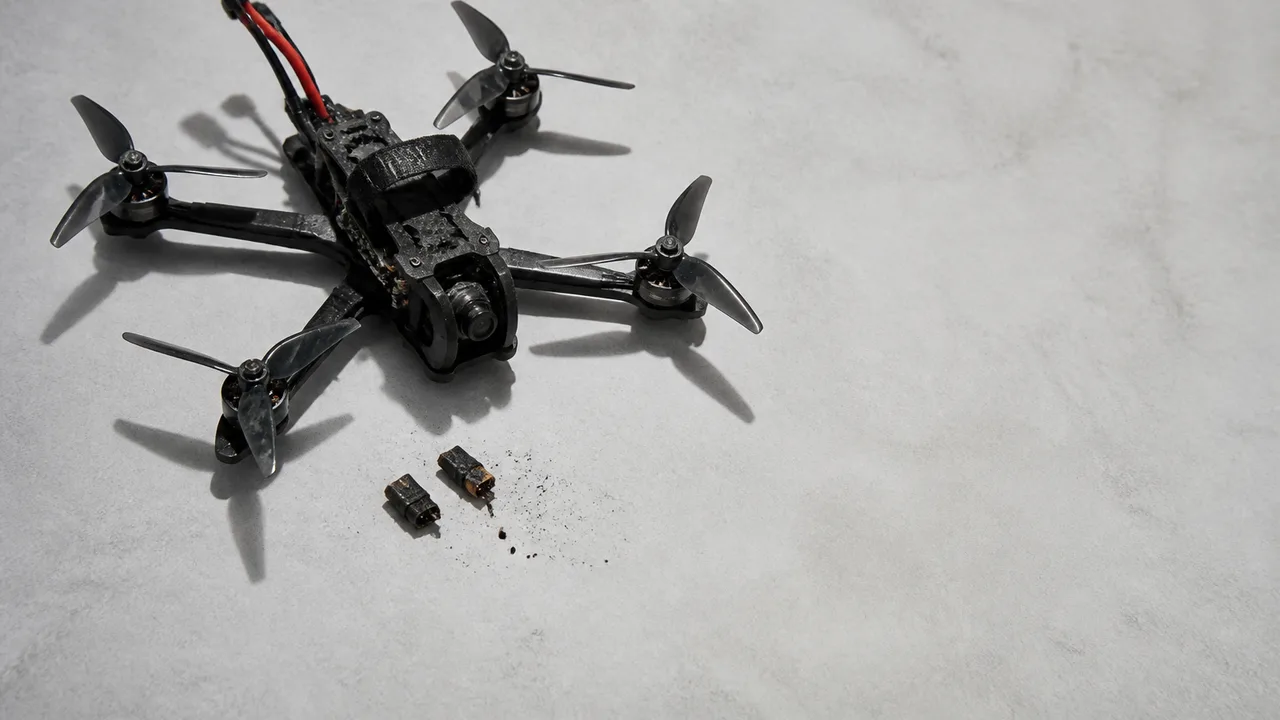 Blue racing drone surrounded by components under red LED lighting with "NOT A TUTORIAL" text overlay