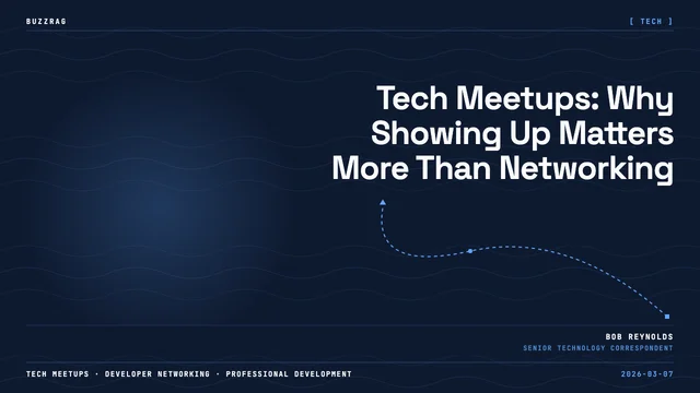 A person wearing headphones points toward logos for Meetup, Luma, and LinkedIn against a code-background backdrop with bold…