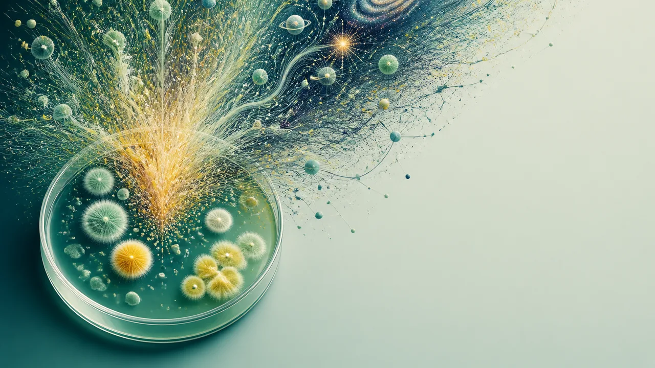 Bold title text with illustrated icons of a microscope, brain scan, and microorganisms against a dark background