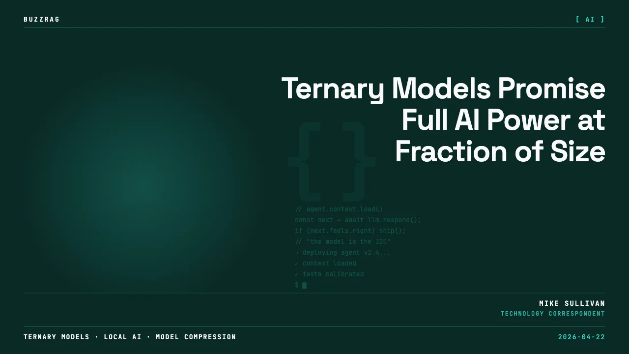 A futuristic setup showcasing a GPU labeled with 70B and 100B LLM models alongside development screens, with "TERNARY IS…