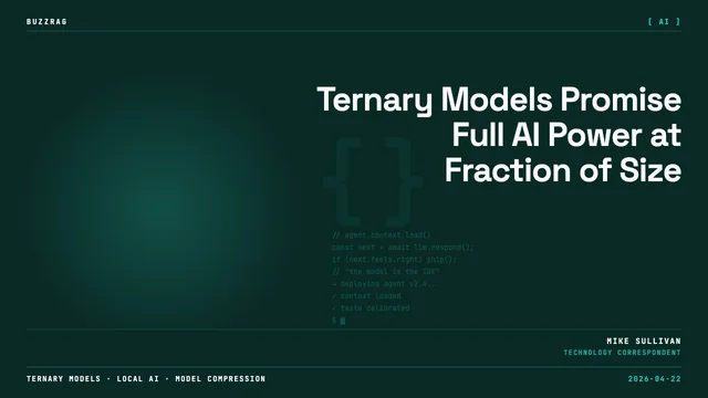 A futuristic setup showcasing a GPU labeled with 70B and 100B LLM models alongside development screens, with "TERNARY IS…