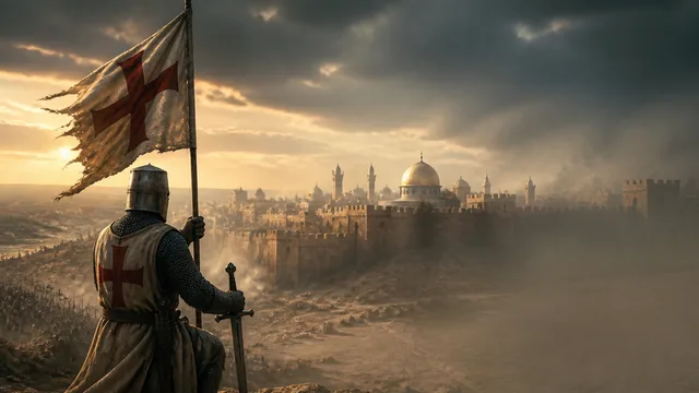 A crowned medieval king in ornate red robes stands before a glowing cross and map of Europe and the Middle East with golden…