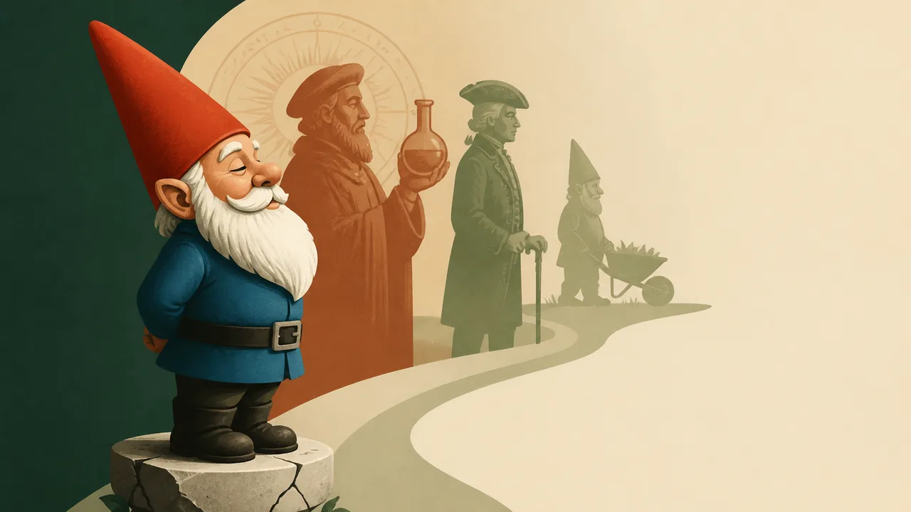 A split-screen comparison showing a bearded religious figure on the left with a cross and a cheerful garden gnome on the…
