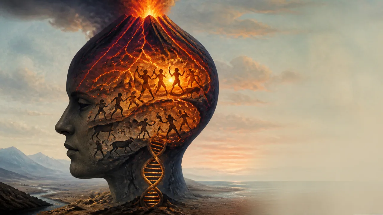 Ancient human skull specimen against dark blue background with "WONDER" logo, illustrating human evolution and origins