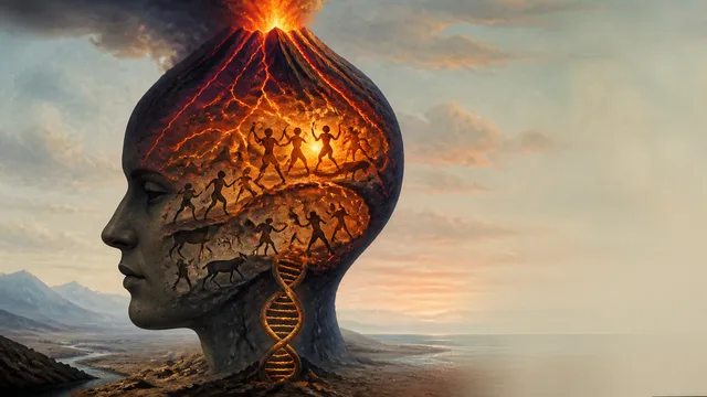 Ancient human skull specimen against dark blue background with "WONDER" logo, illustrating human evolution and origins