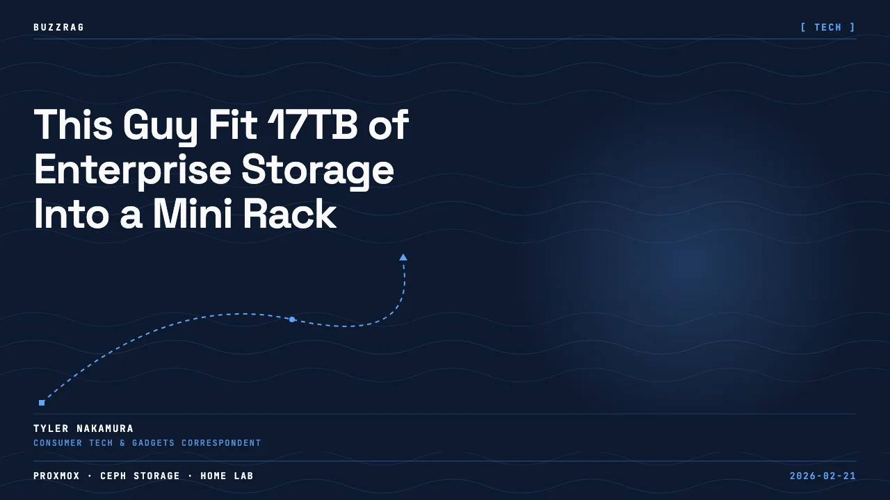 Man with glasses next to illuminated server rack with blue network cables and text overlay reading "17TB MINI RACK 10gb+CEPH