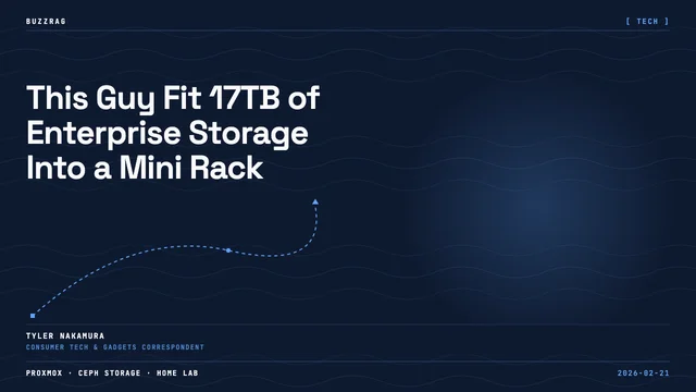 Man with glasses next to illuminated server rack with blue network cables and text overlay reading "17TB MINI RACK 10gb+CEPH