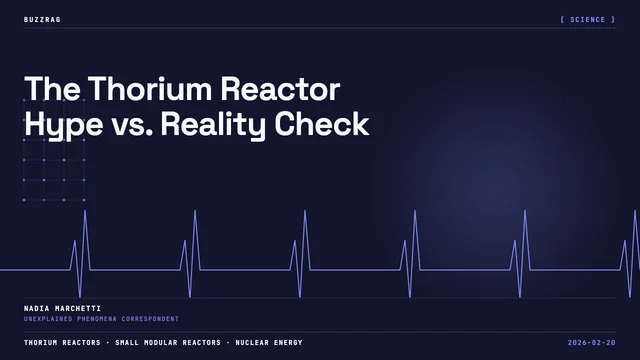 Man in safety glasses reacts skeptically while pointing at a cylindrical metal reactor module with rivets and bands against…