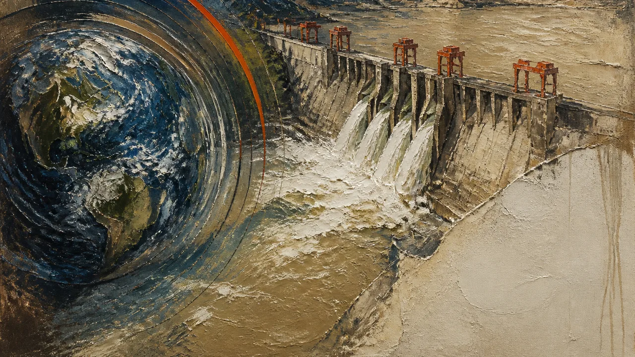 Aerial view of the Three Gorges Dam in China with massive water reservoir and city landscape, featuring yellow text overlay…
