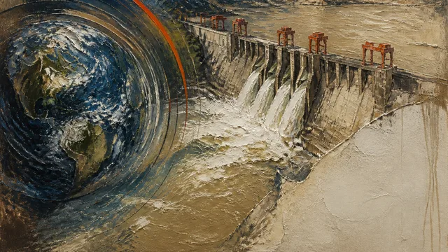 Aerial view of the Three Gorges Dam in China with massive water reservoir and city landscape, featuring yellow text overlay…