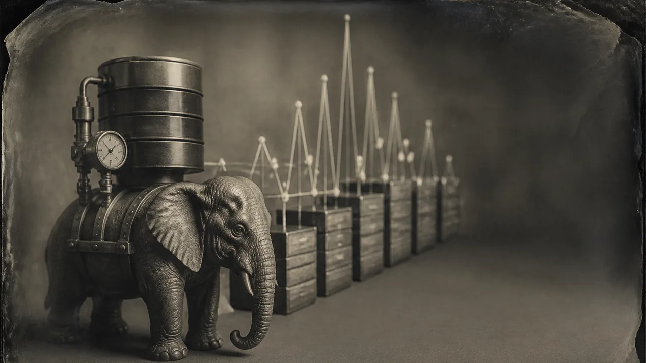 PostgreSQL elephant logo flanked by red database and orange database with X mark, with text "NOT Just a Database" on dark…