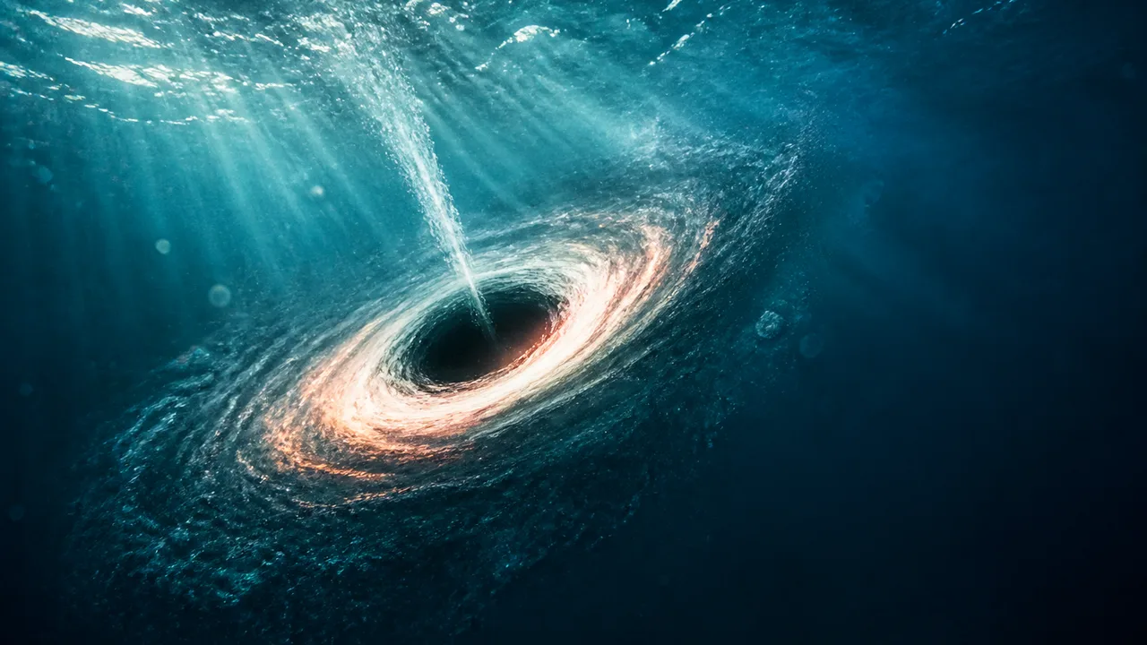 A glowing white point labeled TON 618 sits at the center of a massive spiraling blue vortex against a starry black void.
