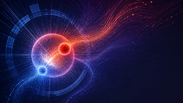 Woman speaking at podium with "IS THE UNIVERSE STABLE?" text and blue energy graphics on dark stage background
