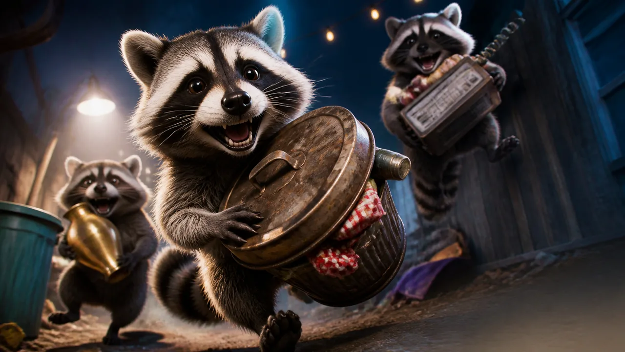 A gleeful raccoon character with star eyes holds garbage and trash items against a vibrant rainbow gradient background with…