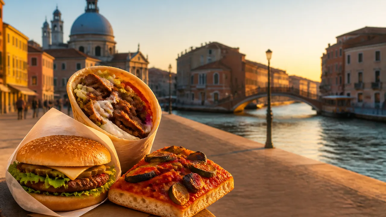 A shocked man divided down the middle comparing USA fast food chains like McDonald's and In-N-Out on the left with European…