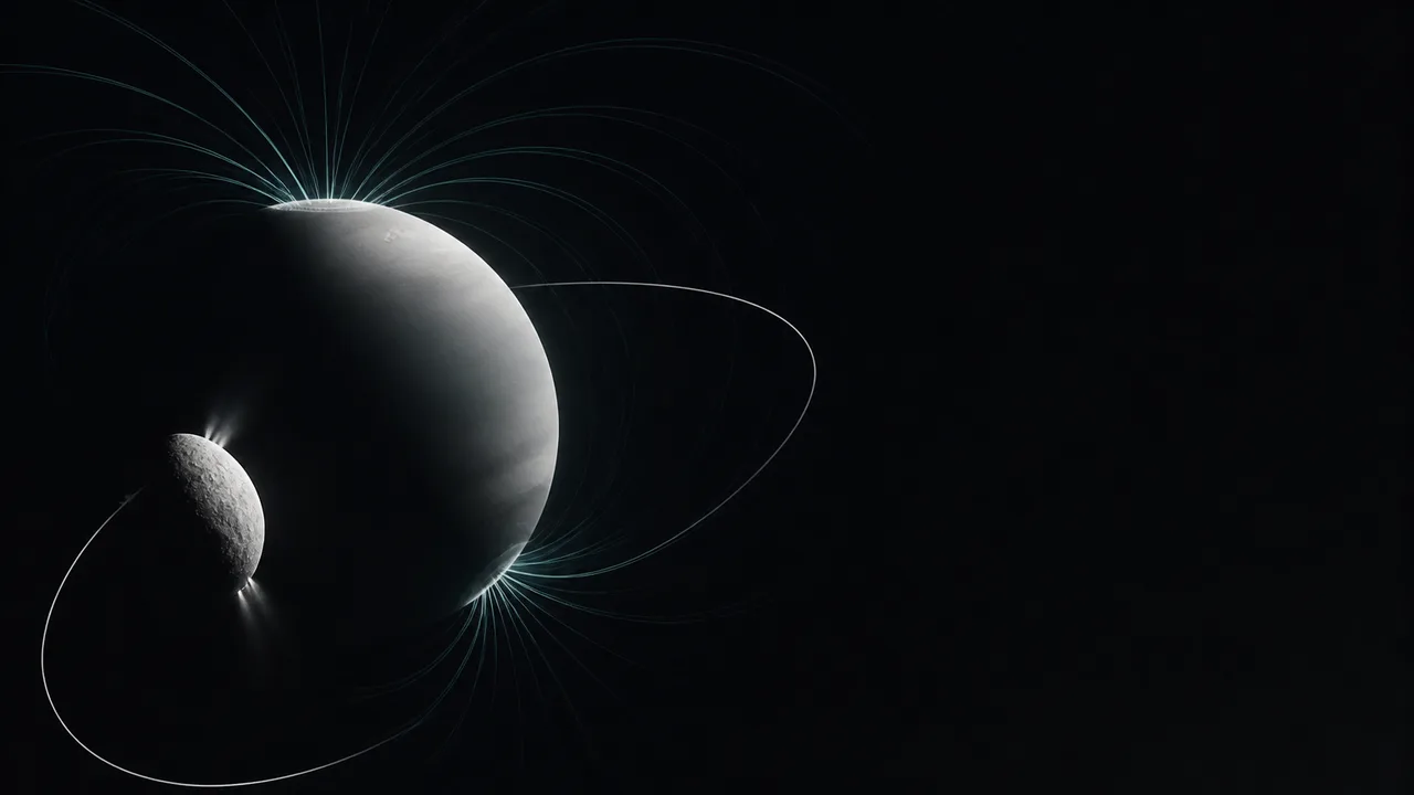 A cross-section of a planet with a glowing molten core suspended between two cyan layers against a starry background, with…