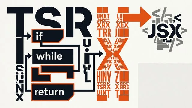 Cyan "JSX UPGRADED?" text with red arrow pointing to purple box labeled "TSRX" on black background