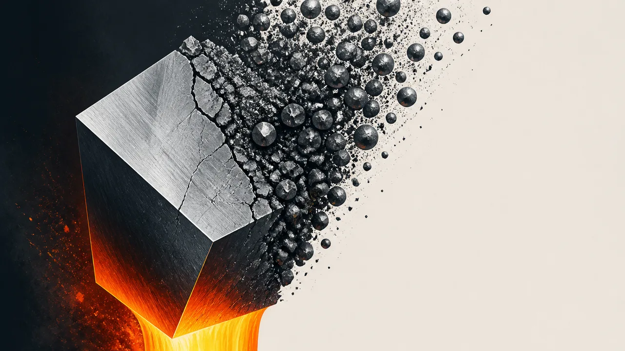 Industrial explosion with tungsten periodic table element card overlaid, factory workers in background, molten metal…