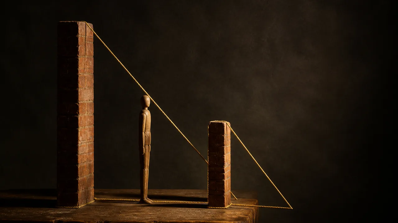 A man stands between two brick walls (4m and 6m tall) with diagonal lines crossing above, forming a geometry puzzle to…