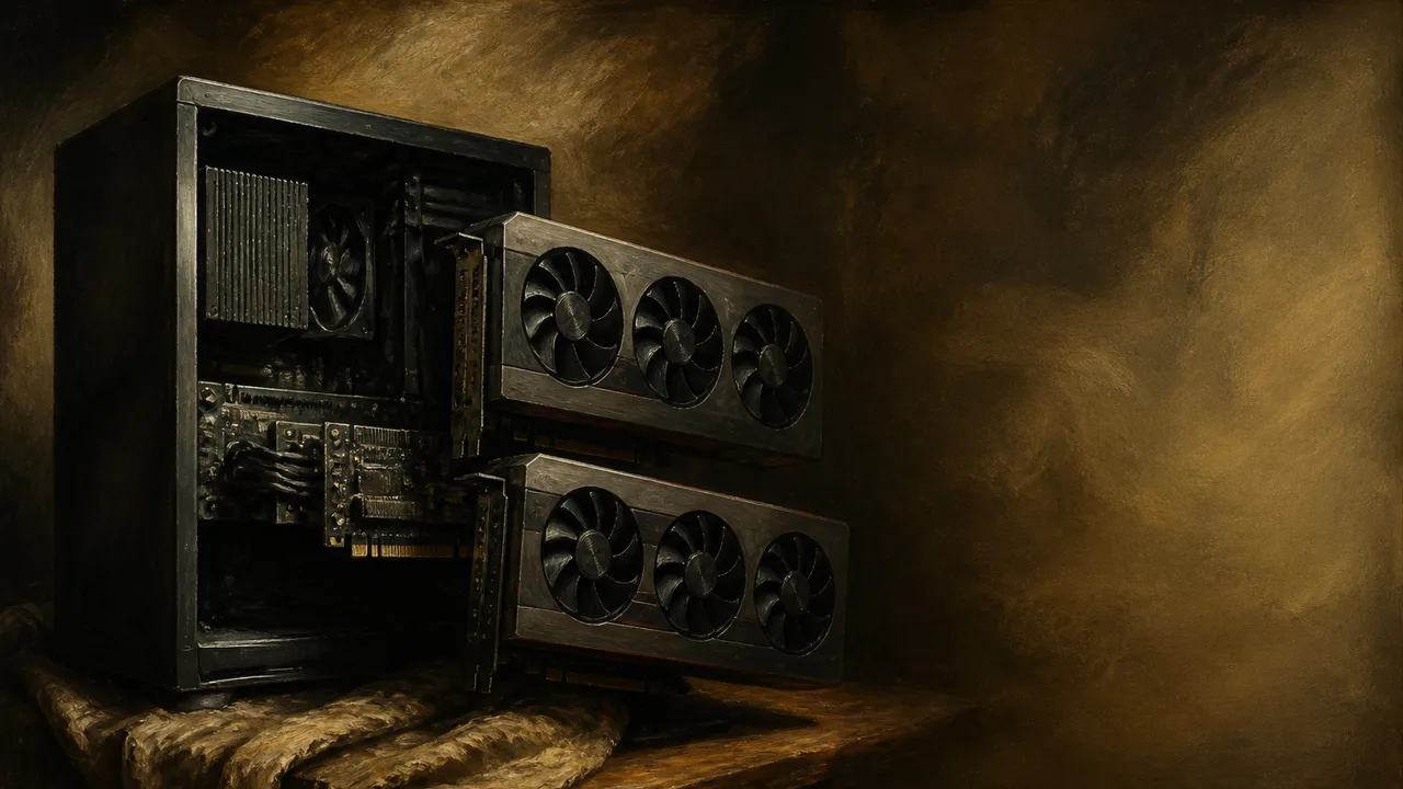 Man in glasses holding dual GPU graphics cards against blue tech background with "TWO R9700 ONE STRIX" text overlay